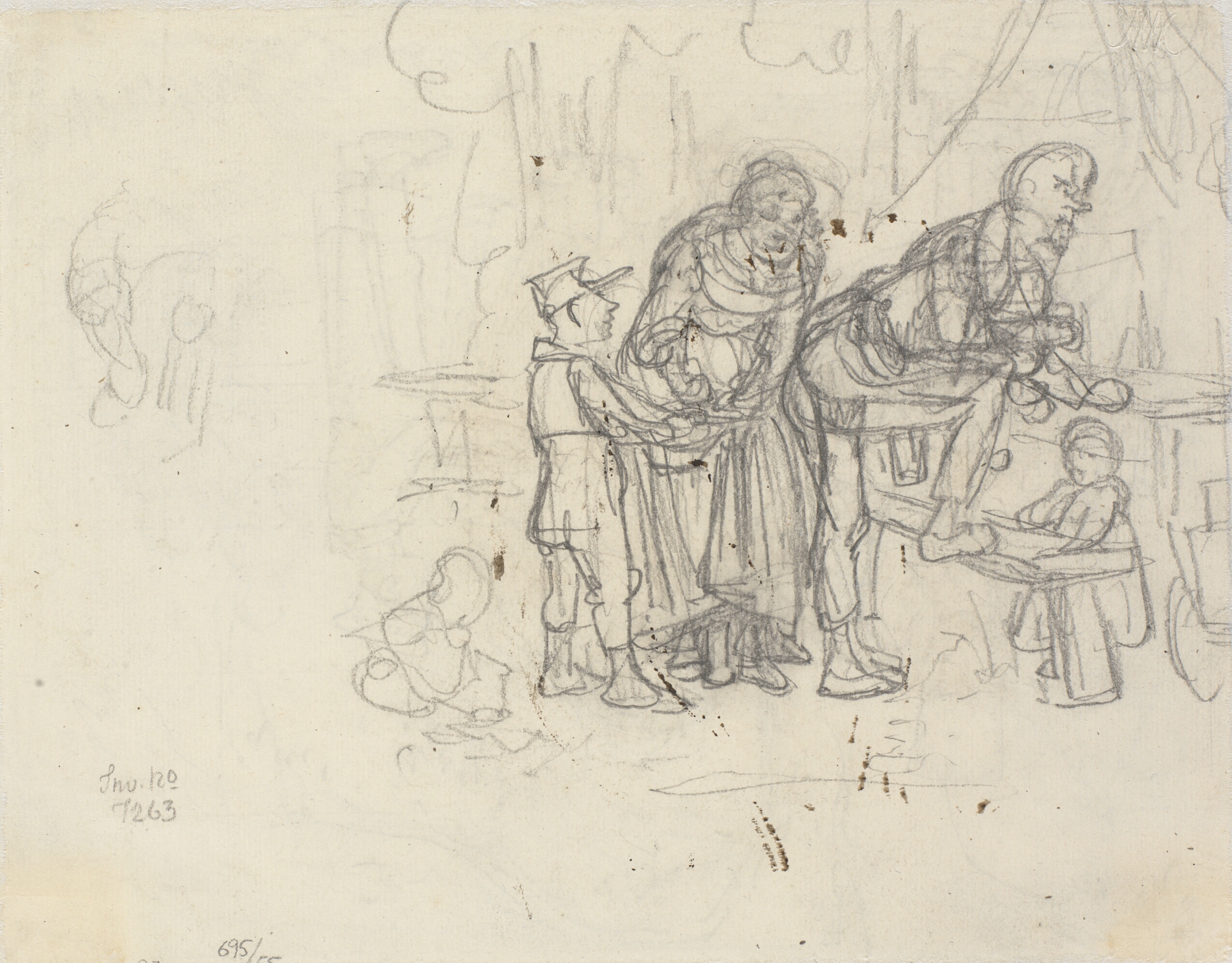 Blyantsudkast til samme motiv som recto. Et uheld på skomagerfamiliens skovtur